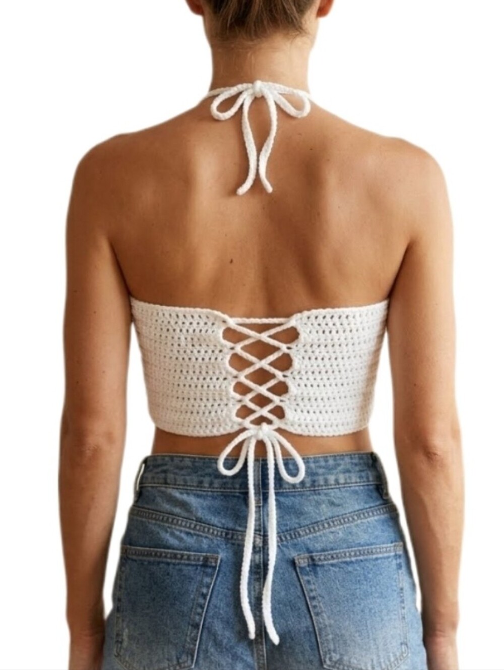 HAND CRAFTED Top Corsetted Cropped Crochet Floral White Sz S